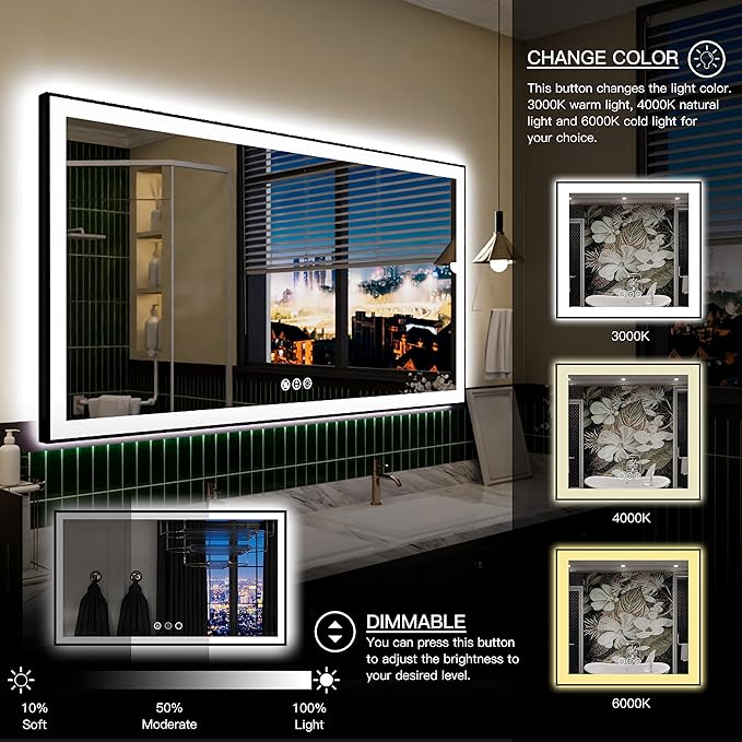 LED Bathroom Mirror 51x30 with Backlit and Front Lighted, Framed Dimmable Illuminated Mirror for Wall Anti-Fog Shatterproof (Horizontal/Vertical)