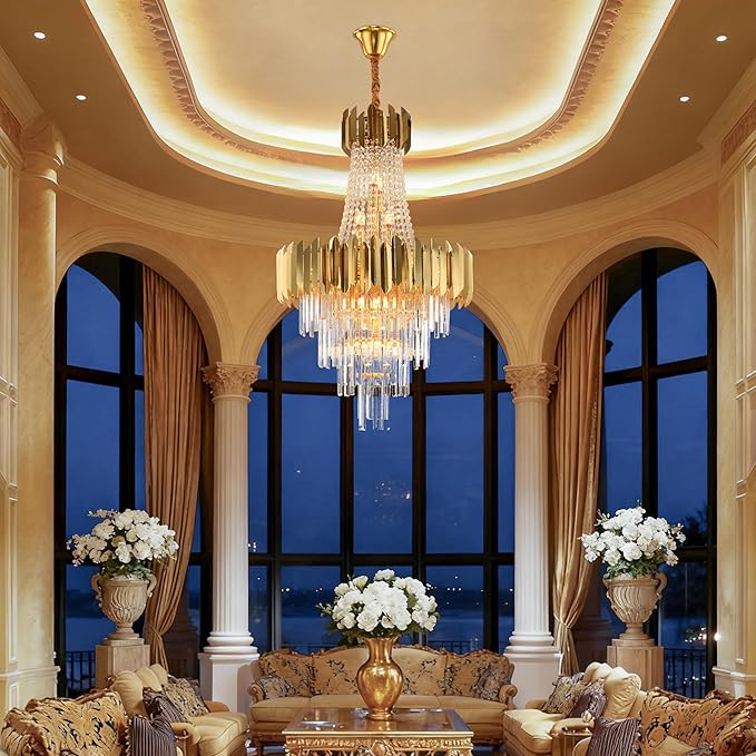 KoKo&Yukina 16-Light Gold Crystal Chandeliers French Empire Crystal Chandelier Gold Modern Farmhouse Chandeliers Light Fixture for Bedroom Hallway High Ceiling Staircase Chandelier D23.6