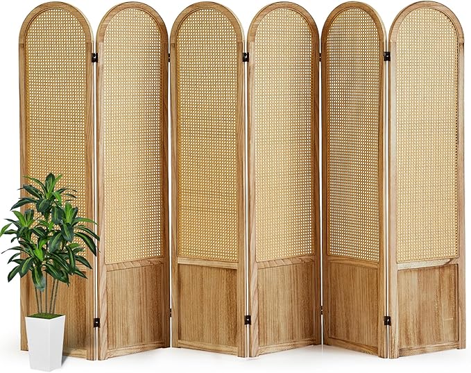 6 Panels Room Divider, Folding Privacy Screen, Foldable Wood Rattan Room Divider Panel, Portable Partition Screen Wall Divider for Room Separation Bedroom Home Office Garden Terrace (Natural)
