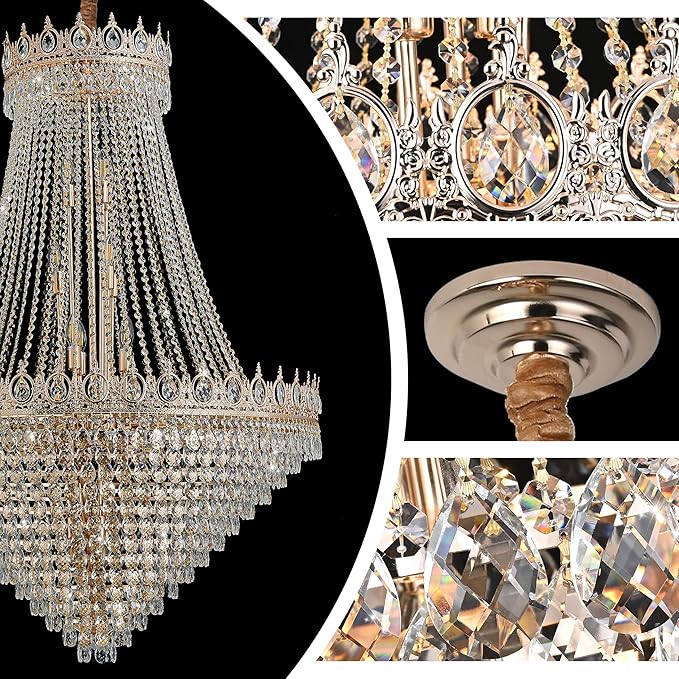 KoKo&Yukina 40" Gold Crystal Chandeliers French Empire Chandeliers K9 Crystal Modern Farmhouse Crystal Chandelier Adjustable Hanging Chandelier for Staircase Foyer Hallway