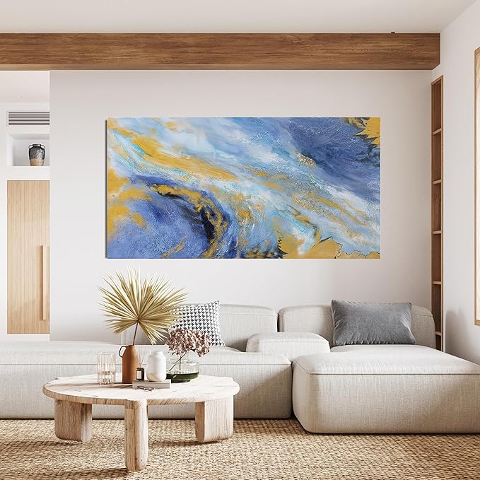 Canvas Wall Art Decor Large Blue Gold Wall Art Prints Modern Abstract Wall Art for Living Room Abstract Canvas Art Wall Decor Large Artwork for Walls Decorations Bedroom Office Decor 29" X 58"