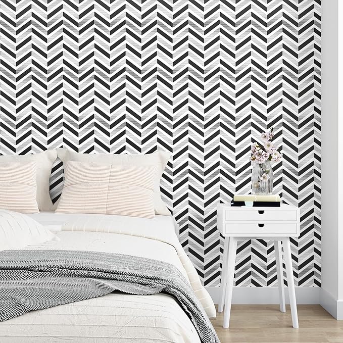 Black and White Peel and Stick Wallpaper Herringbone Geometric Wallpaper Modern Boho Geometric Contact Paper Self Adhesive for Bedroom Living Room Accent Wall Cabinets Drawers 17.5" x120"