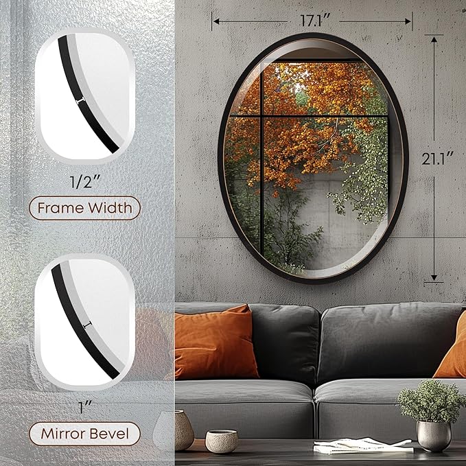 OVALCREST - Oval Wooden Beveled Wall Mirror for Home Decor, Bathroom, Vanity, Bedroom, Living Room, Hallway - London Style (Rubbed Black) 21.1 x 17.1