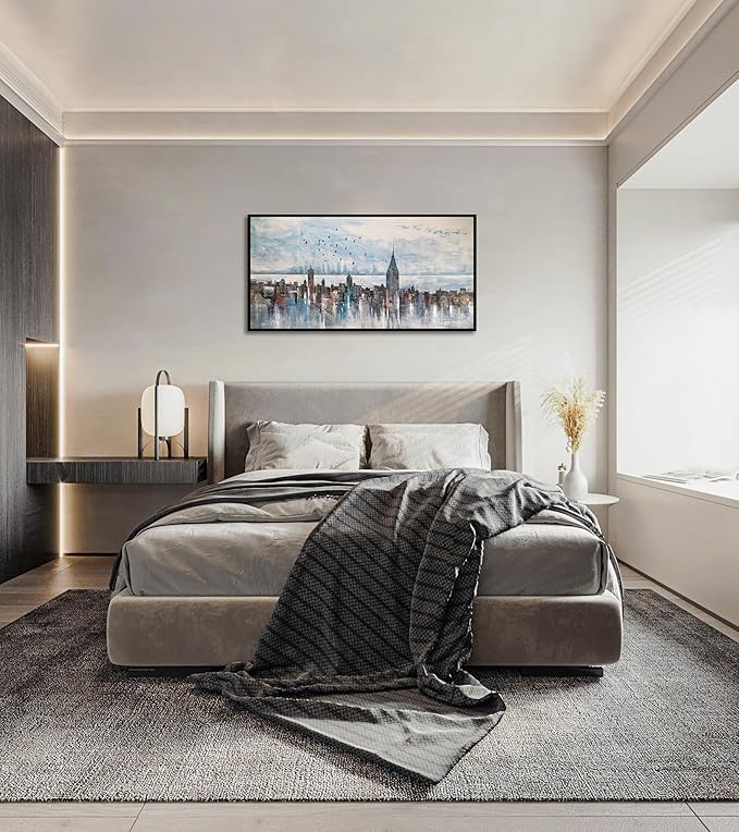 Arjun Cityscape Wall Art New York City Buildings Picture Modern Abstract Grey Skyline Birds NYC Painting Artwork for Bedroom Living Room Bathroom Home Office Decor, Large Size Black Framed 48"x24"