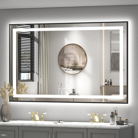 57x36 Framed LED Bathroom Mirrror for Wall, Dimmable LED Vanity Mirror with Lights, Backlit and Front Lighted, Anti-Fog, Shatterproof, Memory (Horizontal/Vertical)