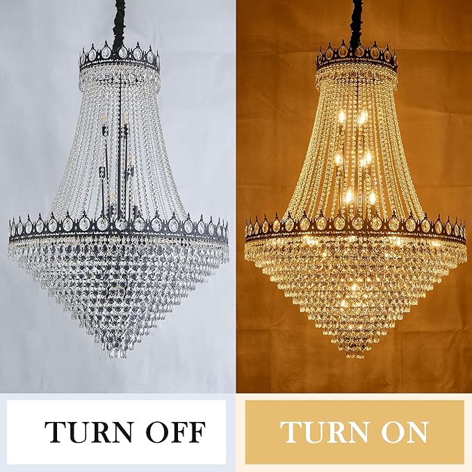 KoKo&Yukina 32" French Empire Crystals Chandelier 26 Light Black Crystal Chandeliers Modern Black Crystal Chandelier Round Large High Ceiling Sloped Hanging Light Fixtures for Hallway Staircase