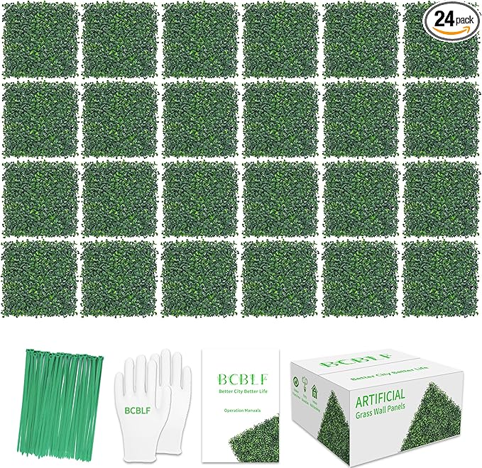10"x10" 24Pcs Artificial Boxwood Hedge Panels UV Resistant Faux Greenery Wall Green Grass Wall Backdrop for Indoor Outdoor Decor Garden Patio