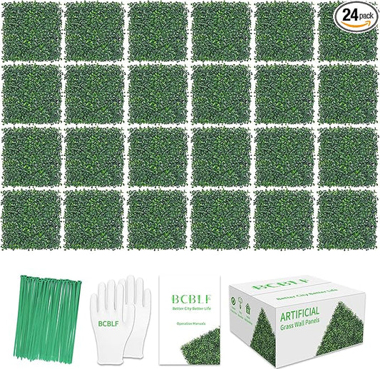 10"x10" 24Pcs Artificial Boxwood Hedge Panels UV Resistant Faux Greenery Wall Green Grass Wall Backdrop for Indoor Outdoor Decor Garden Patio