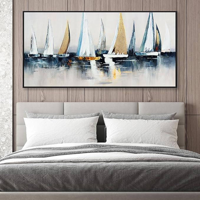 Abstract Wall Art Blue and White Sailboat Wall Paintings Framed Artwork for Living Room Bedroom Bathroom Office Home Decor Can Be Hung Directly 24"x 48"