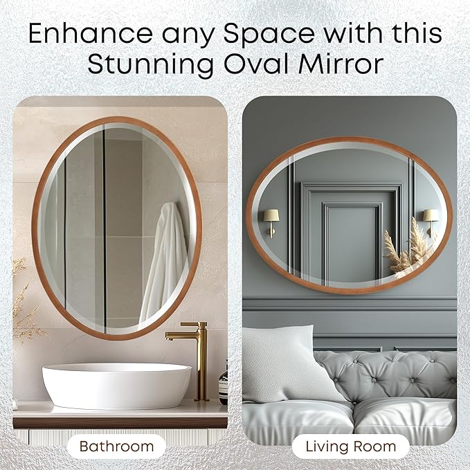 OVALCREST - Oval Wooden Beveled Wall Mirror for Home Decor, Bathroom, Vanity, Bedroom, Living Room, Hallway - London Style (Sunset Gold) 25.1 x 21.1