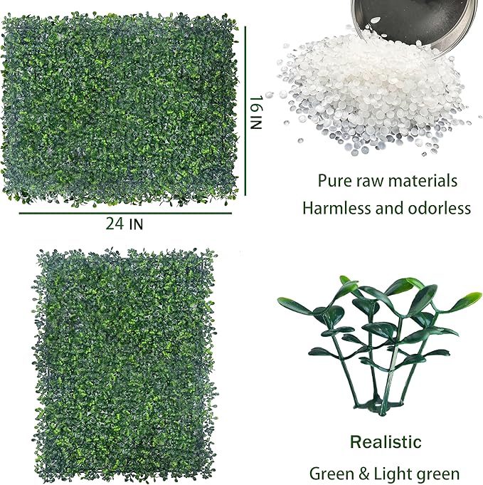 Artificial Boxwood Hedge Wall Panels, 24 X 16 in 12P UV-Anti Faux Greenery Vine Grass Wall Backdrop for Indoor Outdoor Green Plant Wall Decor & Ivy Fence Covering Privacy