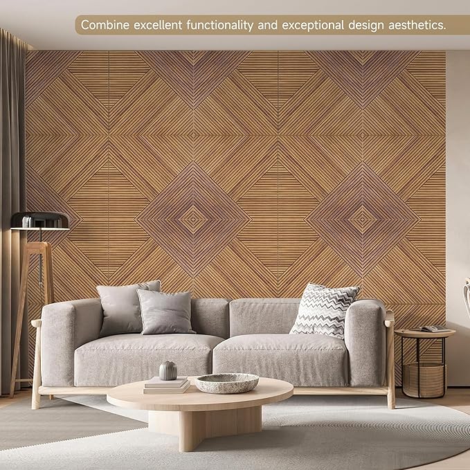 Acoustic Wall Panels,6 Pack Total Size 72 x 48 Inches,Self-Adhesive Decorative Acoustic Panels for Wall and Ceiling,3D UV Printing with Wood Look,Beech
