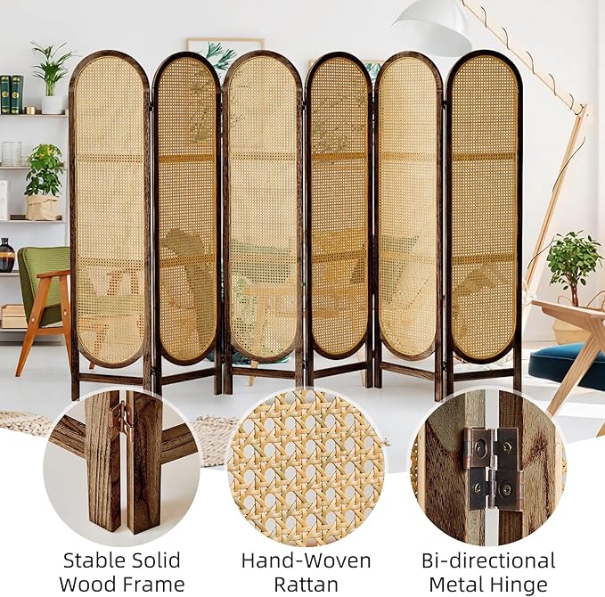 5.6 Ft Room Divider 6 Panel, Folding Privacy Screen, Rattan Room Divider, Foldable Wood Divider Panel, Portable Partition Screen, Wall Divider for Room Separation Home Office Garden-Brown