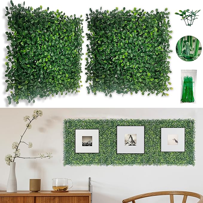 Bybeton Artificial Boxwood Grass Wall Panels - 10"x 10" (10Pcs) Faux Green Panels for Interior Backdrop - Garden - Indoor Outdoor Plants Decor