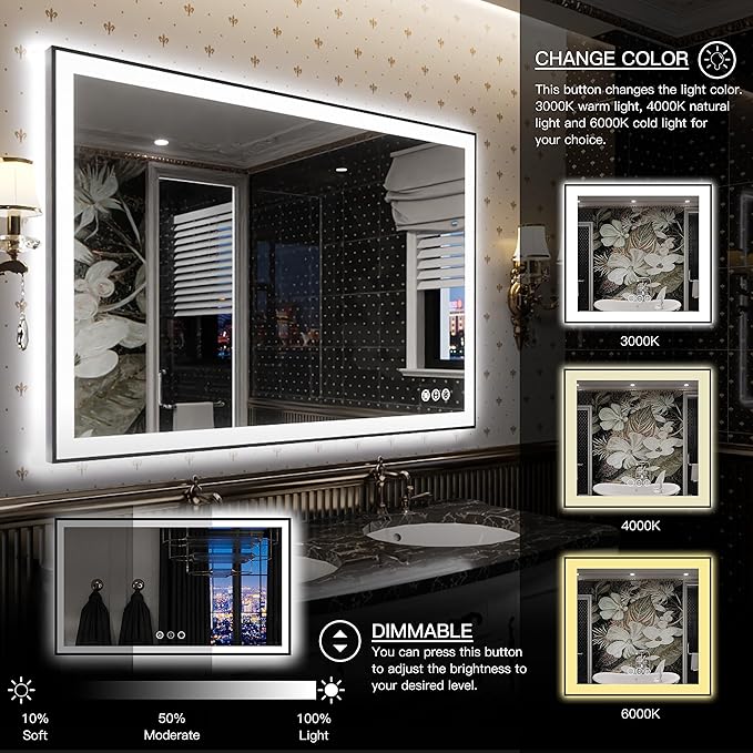 LED Bathroom Mirror 44x28 with Backlit and Front Lighted, Framed Dimmable Illuminated Mirror for Wall Anti-Fog Shatterproof (Horizontal/Vertical)