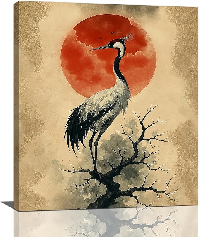 Japanese Crane Wall Art Oriental Asian Wall Decor Sandhill Crane Canvas Pictures Paintings Prints Japan Traditional Aesthetic Artwork Framed Chinese Decorations For Bedroom Living Room Office Gifts 20" x 24"