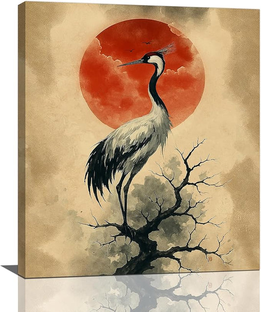 Japanese Crane Wall Art Oriental Asian Wall Decor Sandhill Crane Canvas Pictures Paintings Prints Japan Traditional Aesthetic Artwork Framed Chinese Decorations For Bedroom Living Room Office Gifts 20" x 24"