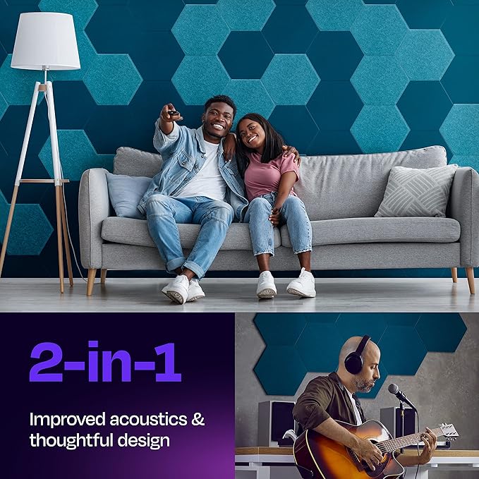 Acoustic Panels 12-Pack - 14"X12.1"X0.4" Sound Panels - High Density Sound Dampening - Ocean Turquoise Hexagon