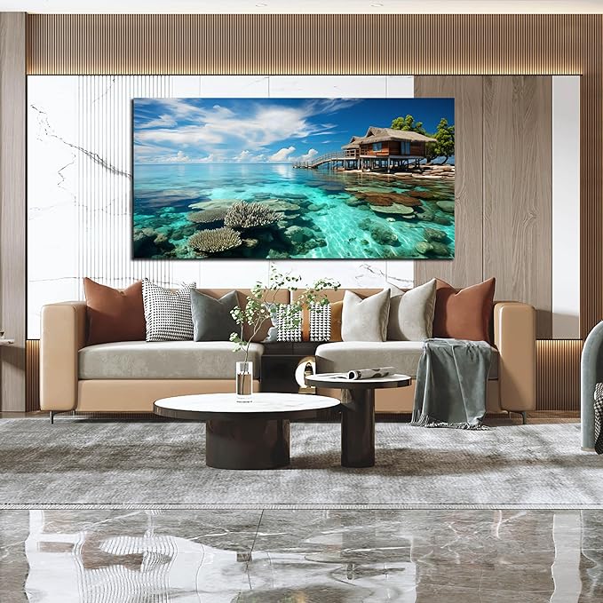 Ocean Scenic Canvas Wall Art, Blue Seascape Wall-Decor Picture, Ocean Scenery Canvas Decoration, Coastal Landscape Print Decorative Artwork for Home living Room Bedroom, Large Size 59x29 Inches