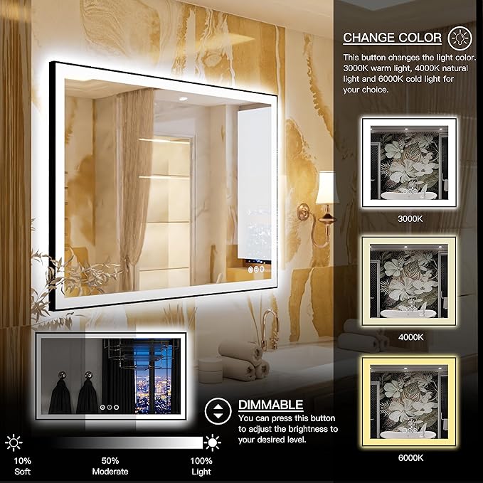LED Mirror for Bathroom - 48x36 Vanity Mirror, Backlit & Front Light, Framed Dimmable, Anti-Fog, Shatterproof, Memory, 3 Colors