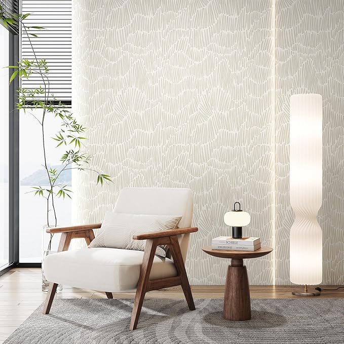 Beige Modern Striped Wallpaper Peel and Stick Boho 17.3"×275" Removable Self Adhesive Wallpaper for Bedroom Waterproof Wall Paper Vinyl White and Gold Contact Paper