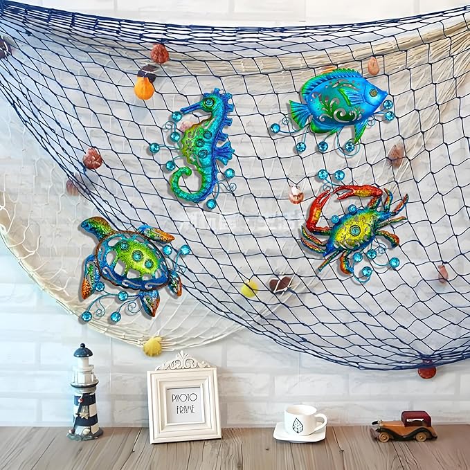 Metal Ocean Beach Theme Wall Decor Art, Set of 4 Sea Turtle Seahorse Crab Tropical Fish Indoor Bathroom Décor, 11 Inch Deep Blue Sea Wall Decoration, Metal Outdoor Christmas Decor Yard Art Christmas Decorations Gift
