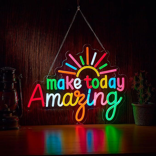 Make Today Amazing Neon Sign for Classroom Wall Decor Dimmable Positive and Upward Quote LED NeonLight USB Powered Rainbow Color Light Up Signfor Wedding Cafe Party Birthday School