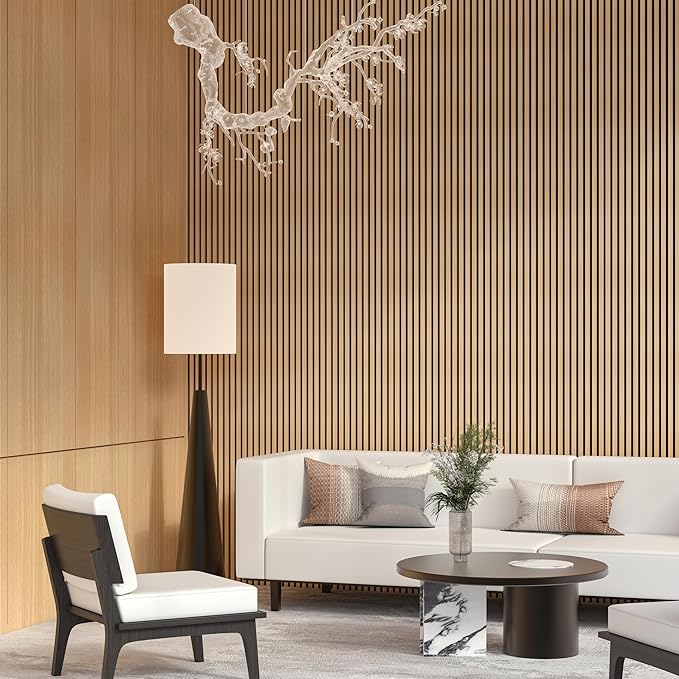 Modern 94” L x 11.25” W Acoustic Slat Wall Panels with End Cap – Wood Sound-Dampening Wall Treatment for Home, Office & Studio – 2-Piece Decorative Noise-Reducing Wall Panel Set (Oak)