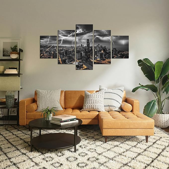 Cawpom Chicago Wall Art Chicago Skyline Picture Wall Decor Lightning Strike Canvas Prints Storm Cityscape Painting Black and White City Poster Frame Home Living Room Decoration(60x32 inches)