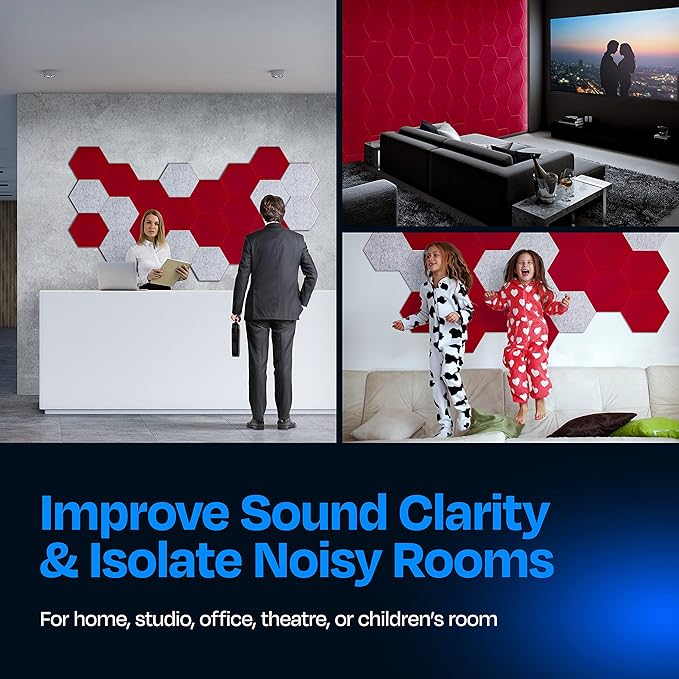 Acoustic Panels 12-Pack Soundproof Wall Panels 14"X12.1"X0.4" Sound Panels High Density Sound Dampening Panels - [Candy Red Hexagon]