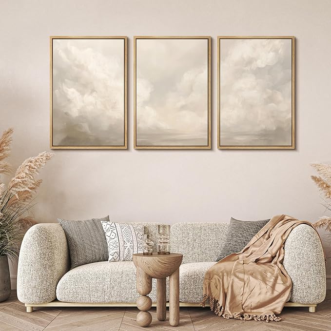 MUDECOR Framed Wall Art Print Set Neutral Cloudscape Soft Beige Abstract Sky Illustrations Modern Art Boho Decorative Colorful Chic for Living Room, Bedroom, Office - 24"x36"x3 Natural