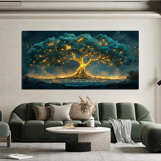 Canvas Wall Art Decor Canvas Art Wall Decor Green Wall Art Decor Large Tree of Life Wall Art for Living Room Oversized Wall Art Prints Gold Tree Wall Decor Art Artwork for Walls Home Office Decoration 35"X70"