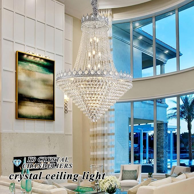 KoKo&Yukina 32" Modern Brushed Nickel Crystal Chandelier - French Empire Round Large High Ceiling Sloped Hanging for Hallway Staircase