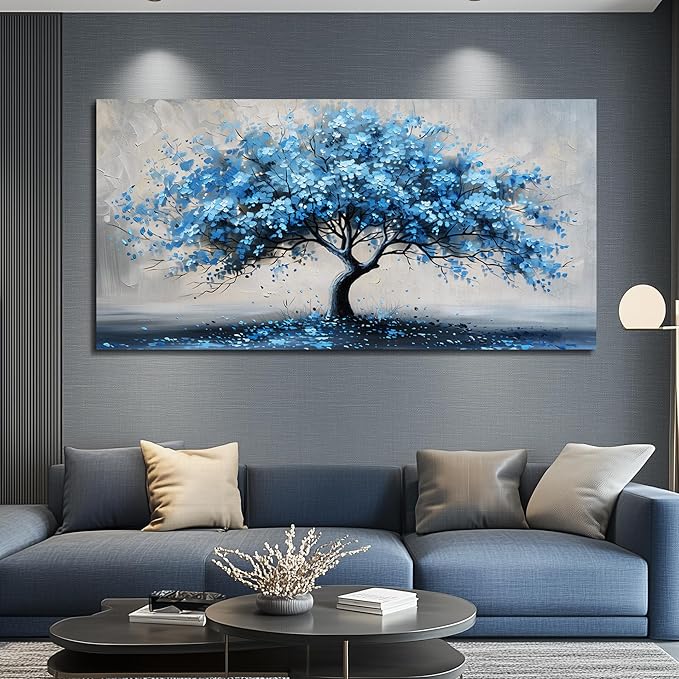 KELIYUAN Wall Art For Living Room Large Wall Decor For Office Bedroom Wall Decorations Abstract Canvas Painting Blue Tree Pictures Artwork Ready To Hang Guesthouse Room Mural Home Decor 24x48 In