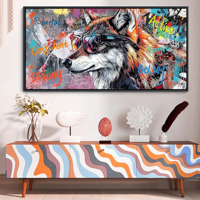 JEAWA Framed Canvas Wall Art - Large Abstract Painting Decor, Inspirational Graffiti Wolf Pictures, Modern Street Art Prints for Bedroom Living Room Bathroom Home Decoration, 29x58 IN