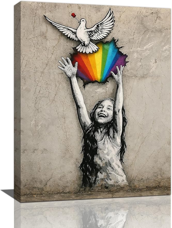 Banksy Street Graffiti Wall Art Rainbow Canvas Wall Decor Love And Peace Pictures Paintings Prints Artwork Framed Modern Decorations For Bedroom Bathroom Office Living Room Gifts 12" x 16"