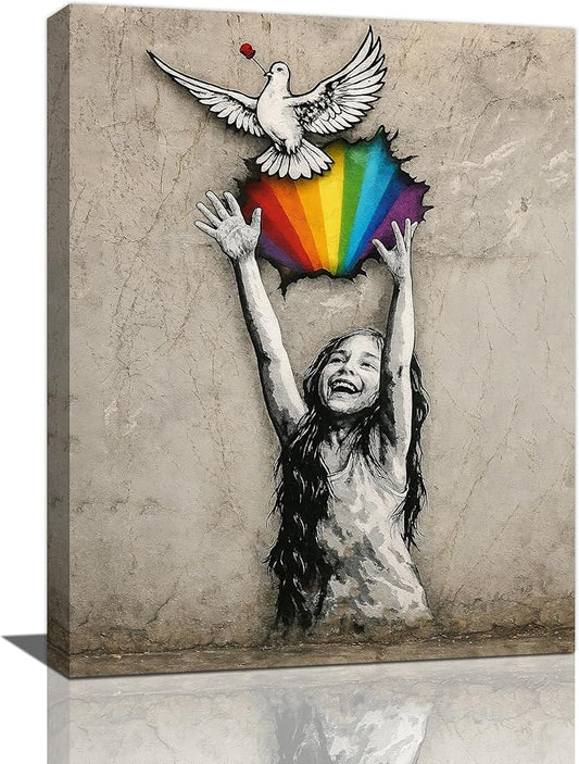 Banksy Street Graffiti Wall Art Rainbow Canvas Wall Decor Love And Peace Pictures Paintings Prints Artwork Framed Modern Decorations For Bedroom Bathroom Office Living Room Gifts 12" x 16"
