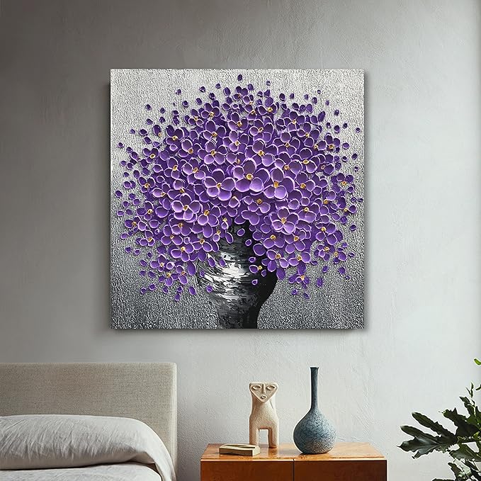 24x24 Hand-Painted Purple Flowers 3D Abstract Decorative Paintings, Wall Decorative Frame Wall Art, Modern Art Living Room Bedroom Office Hotel and Restaurant Wall Art