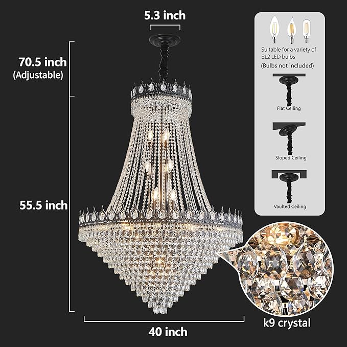 KoKo&Yukina 40" French Empire Black Crystal Chandelier - Modern Farmhouse Style, Adjustable Hanging for Living Room, Hallway, Foyer