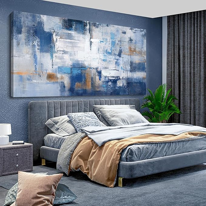 KLAKLA Abstract Canvas Wall Art - Blue and White Picture Artwork for Wall Modern Paintings Wall Decor Living Room Bedroom Office Large Wall Art
