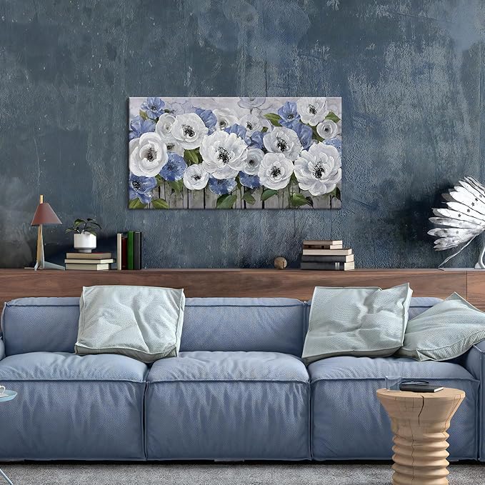 Mofutinpo Floral Wall Art for Living Room-Large Blue and White Flower Paintings, Textured Nature Artwork Pictures on Canvas, Landscape and Flower Wall Art for Bedroom Decor