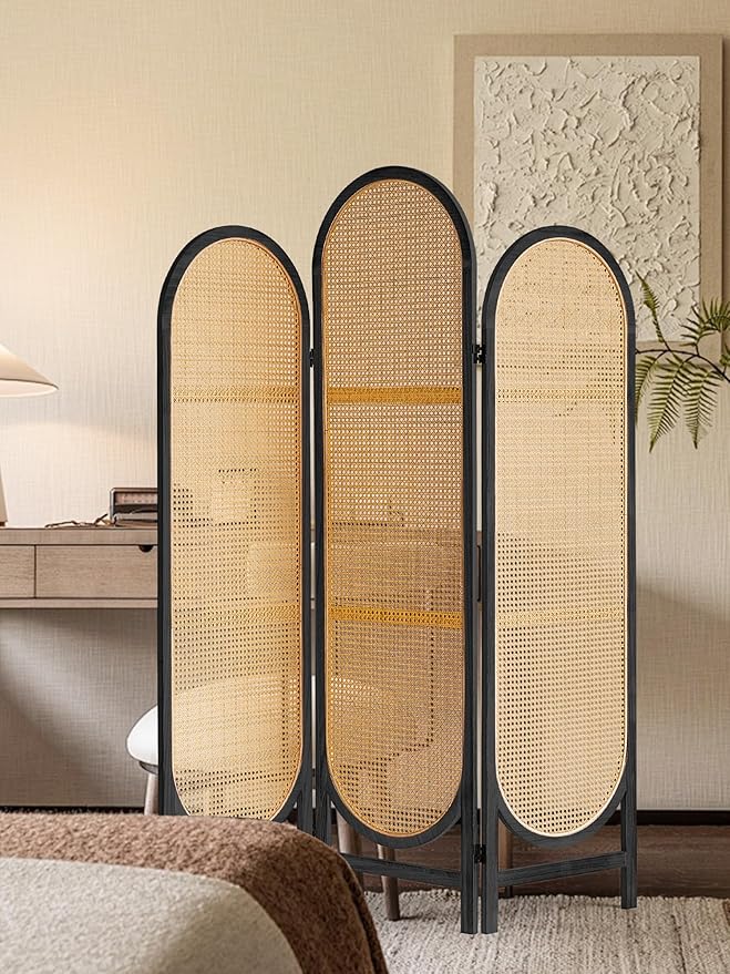 3 Panel Folding Room Divider, Hand-Woven Rattan Room Dividers and Folding Privacy Screens with Bi-Directional Hinge, Pre-Assembled Partition Room Dividers for Home Office Bedroom Restaurant, Black