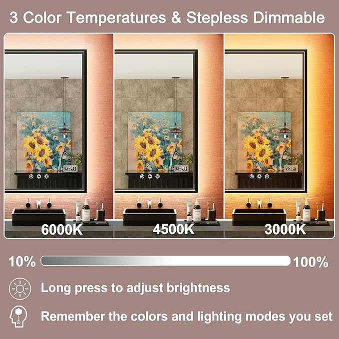 LED Bathroom Mirror with Front and Back Lighting, 3 Color Temp, Dimmable, Anti-Fog, Black Aluminum Frame Wall Mounted Lighted Bathroom Vanity Mirror