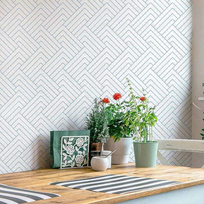 Blue White Geometric Peel and Stick Wallpaper Self Adhesive Geometric Contact Paper for Walls Striped Wallpaper Peel and Stick Modern Accent Wallpapers for Bedroom Kitchen Bathroom 17.5"x120"