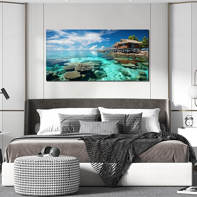 Ocean Scenic Canvas Wall Art, Blue Seascape Wall-Decor Picture , Ocean Scenery Canvas Decoration, Coastal Landscape Print Decorative Artwork for Home living Room Bedroom and Office, Size 48x24 Inches