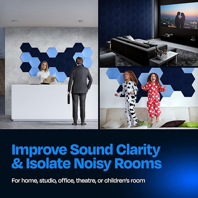 Acoustic Panels 12-Pack Soundproof Wall Panels 14"X12.1"X0.4" Sound Panels High Density Sound Dampening Panels - [Denim Blue Hexagon]