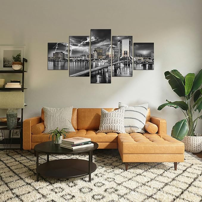 Cawpom Jacksonville Florida Wall Art Jacksonville Skyline Wall Decor Jacksonville Florida Bridge Picture Frame Lightning Strikes Canvas Print Storm City Painting Poster Home Decoration(60x32 inches)