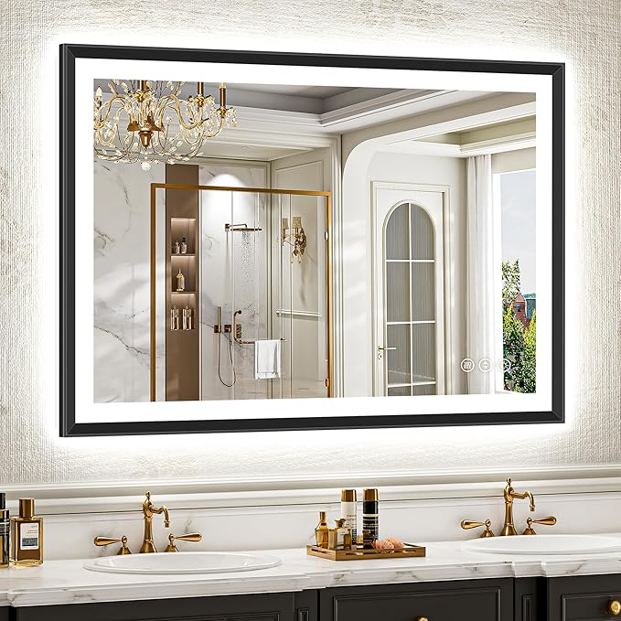 48x32 Black Framed Led Bathroom Mirror with Lights, Front Lit and Backlit, Lighted Vanity Mirror for Bathroom Wall, Anti-Fog, Dimmable, 3 Colors, Memory, HD Tempered Glass