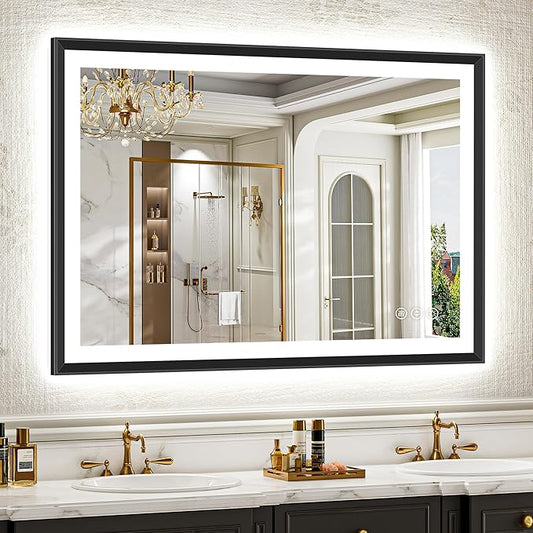 48x32 Black Framed Led Bathroom Mirror with Lights, Front Lit and Backlit, Lighted Vanity Mirror for Bathroom Wall, Anti-Fog, Dimmable, 3 Colors, Memory, HD Tempered Glass