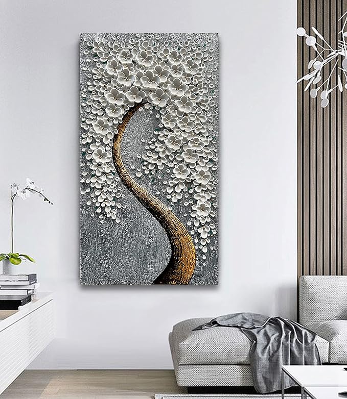 100% Hand-Painted 3D White Vertical Abstract Flower Tree Painting, Canvas Texture Mural, Living Room, Bedroom, Dining Room Mural 24x48 inchs